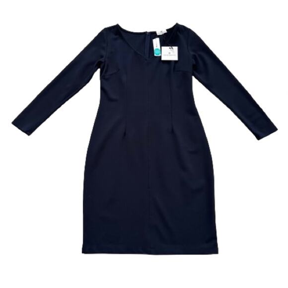 Chloe Kristyn Maggie Navy Ponte Knit V-Neck Long Sleeve Sheath Dress Large NEW - Picture 8 of 12